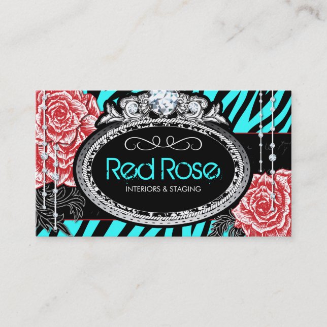 Chic Zebra Print and Vintage Roses Business Cards (Front)