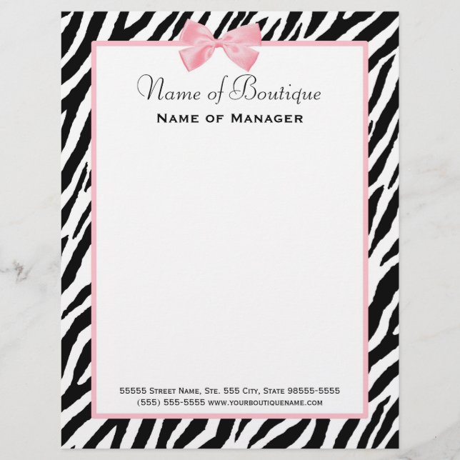 Chic Zebra Print Boutique Light True Pink Ribbon Customised Letterhead (Front)