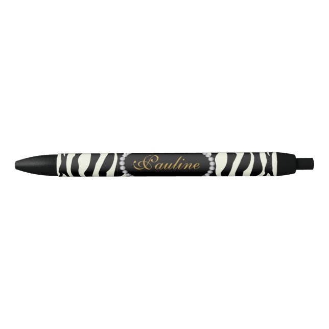 Chic Zebra Print Faux Diamond Monogram Black Ink Pen (Front)