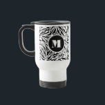 Chic Zebra Print Monogram Travel Mug<br><div class="desc">A travel mug features a black and white zebra stripes pattern accented with your chic initial monogram. Create for yourself or give as a gift. MATCHING items in our store.</div>