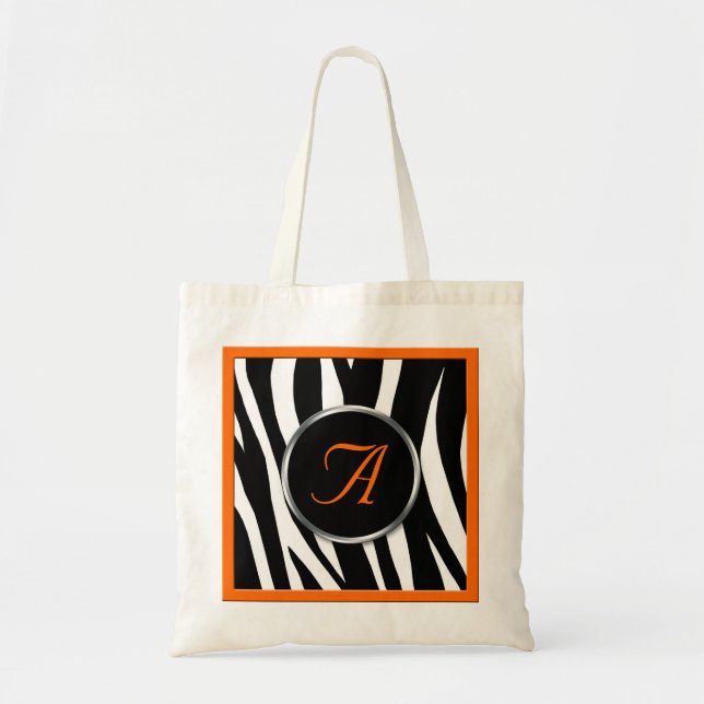 Chic Zebra Print Orange Monogram Tote Bag (Front)