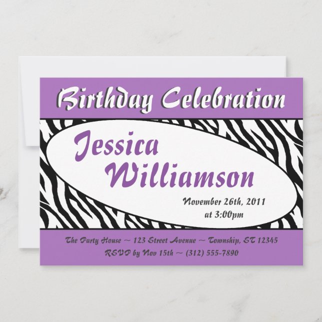 Chic Zebra Print Oval Purple Birthday Invitations (Front)