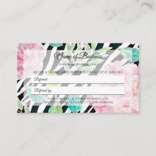 Chic Zebra Print Pink Floral Friend Referral Card