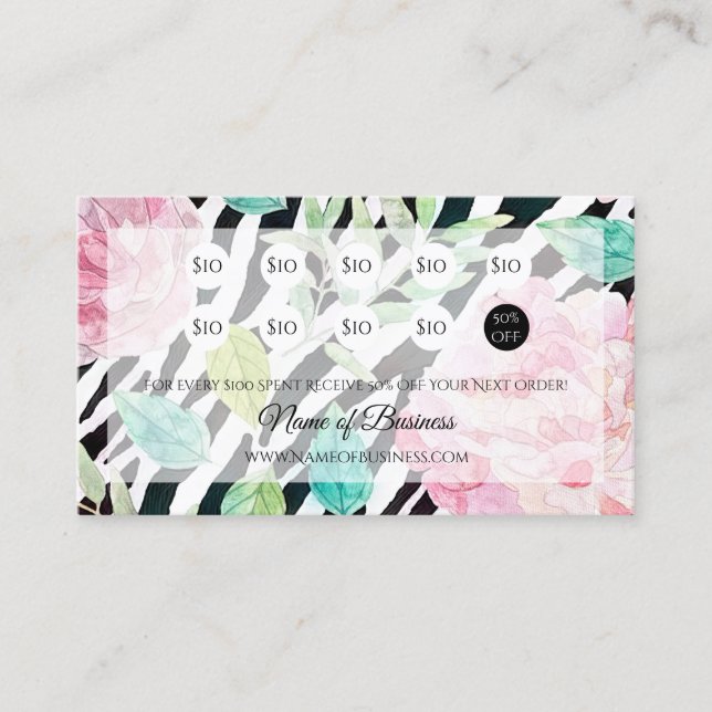 Chic Zebra Print Pink Floral Loyalty Rewards Card (Front)