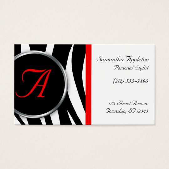 Chic Zebra Print Red Monogram Business Cards