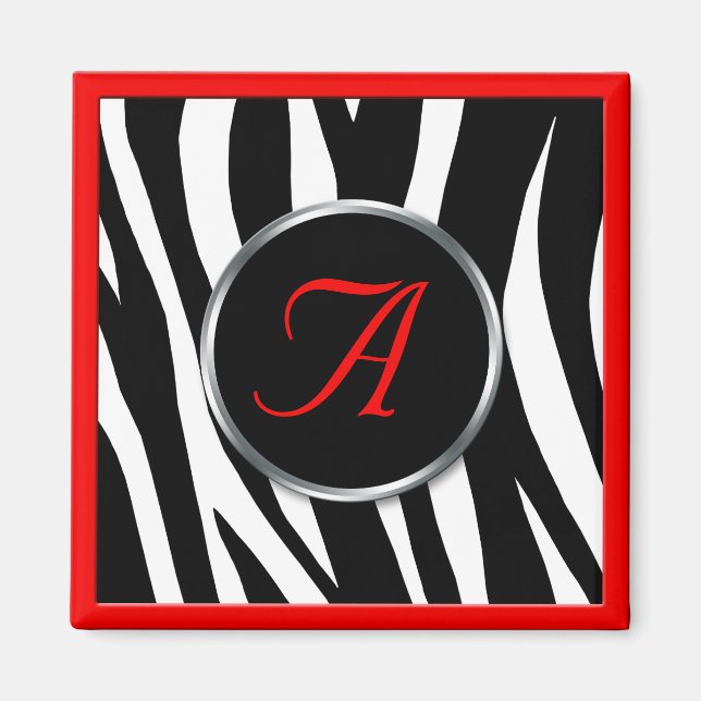 Chic Zebra Print Red Monogram Magnet (Front)