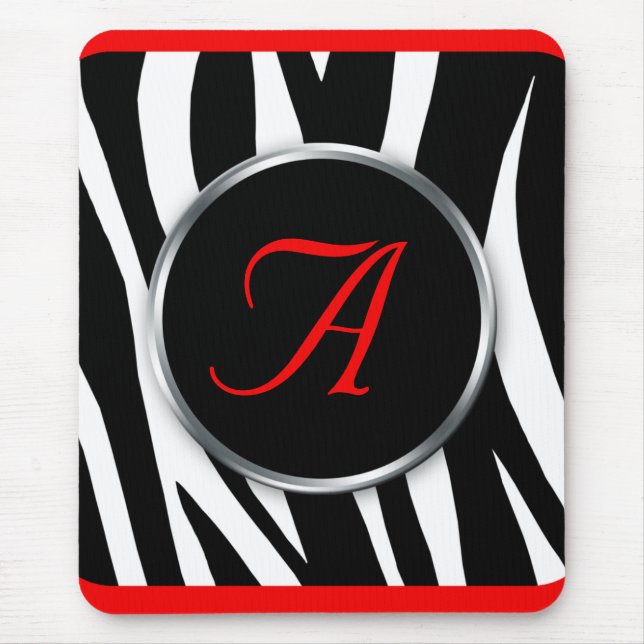 Chic Zebra Print Red Monogram mousepad (Front)