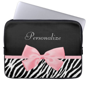Chic Zebra Print Soft Girly Light Pink Ribbon Laptop Sleeve
