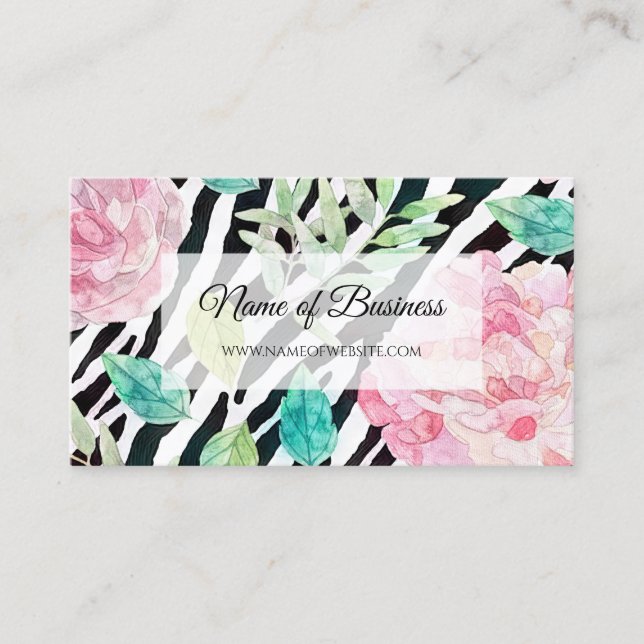 Chic Zebra Print With Girly Pink Floral Business Card (Front)