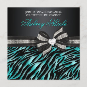 Chic Zebra Quinceañera Invite With Jewelled Bow