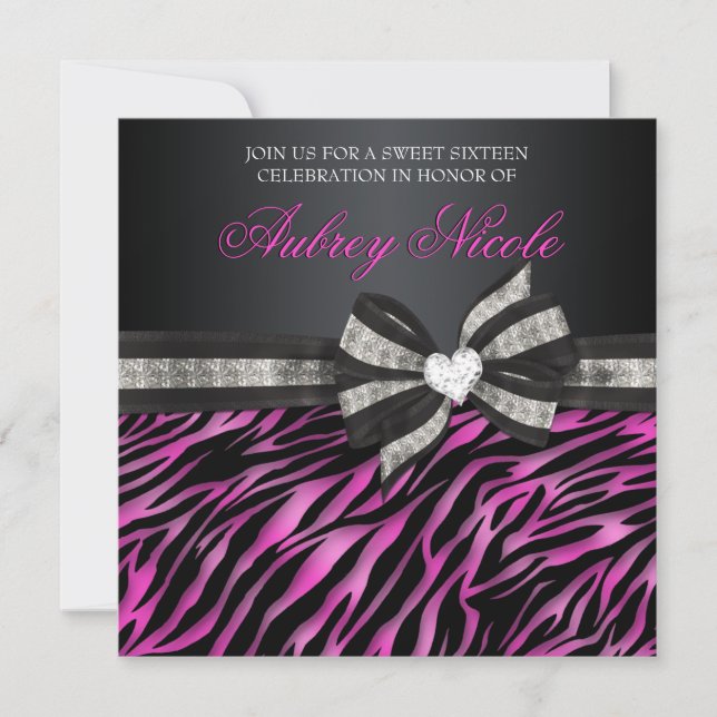 Chic Zebra Sweet Sixteen Invite With Jewelled Bow (Front)