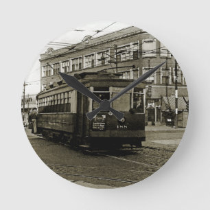 CHICAGO 63RD AND WESTERN 1952 TROLLEY ART SEPIA ROUND CLOCK