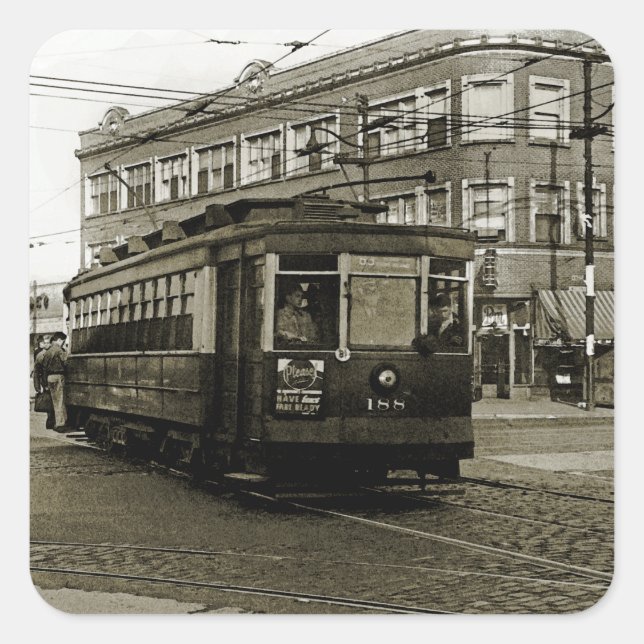 CHICAGO 63RD AND WESTERN 1952 TROLLEY ART SEPIA SQUARE STICKER (Front)