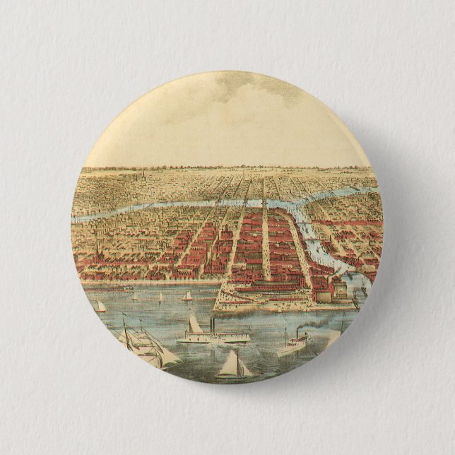 Chicago Antique Map, LaSalle Street and River 6 Cm Round Badge (Front)