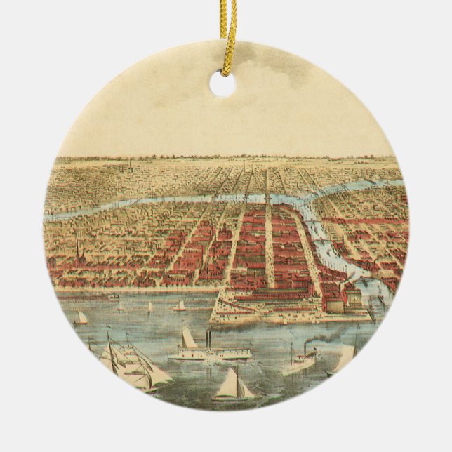 Chicago Antique Map, LaSalle Street and River Ceramic Tree Decoration (Front)