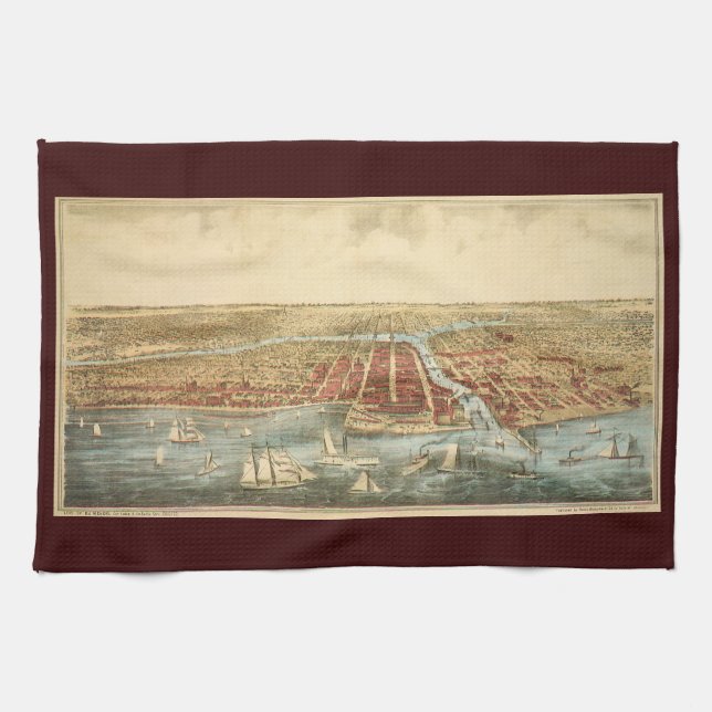 Chicago Antique Map, LaSalle Street and River Tea Towel (Horizontal)