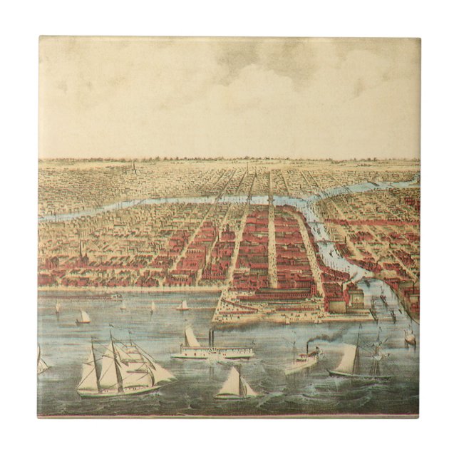 Chicago Antique Map, LaSalle Street and River Tile (Front)