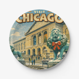 Chicago Art Institute in winter poster Paper Plate