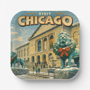 Chicago Art Institute in winter poster Paper Plate