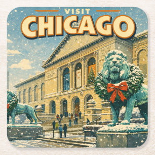 Chicago Art Institute in winter poster Square Paper Coaster