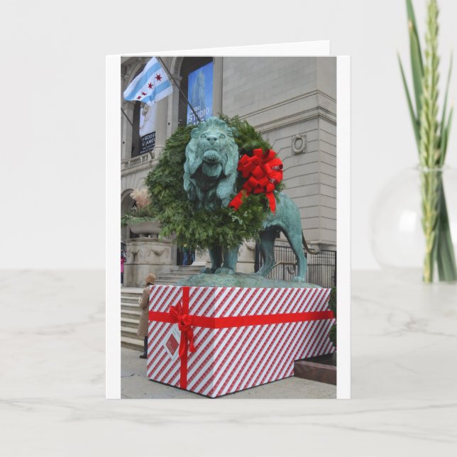 Chicago Art Institute Lion Decorated for Christmas Holiday Card (Front)