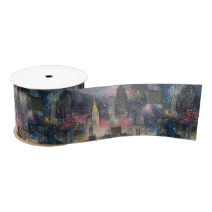 Chicago at New Year's in Watercolors Satin Ribbon
