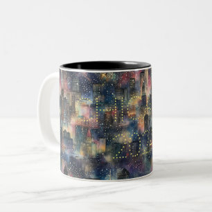 Chicago at New Year's in Watercolors Two-Tone Coffee Mug