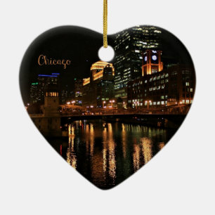 Chicago at Night cityscape Ceramic Tree Decoration