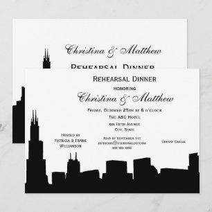 Chicago Black Skyline Silhouette Rehearsal Dinner Invitation