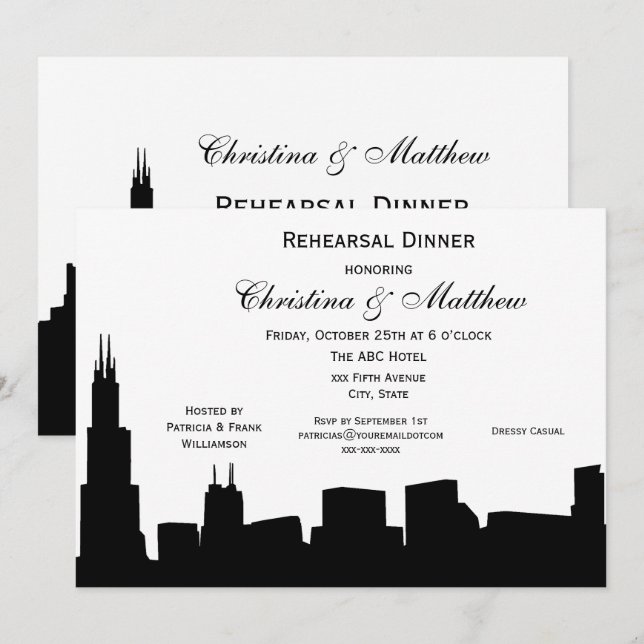 Chicago Black Skyline Silhouette Rehearsal Dinner Invitation (Front/Back)