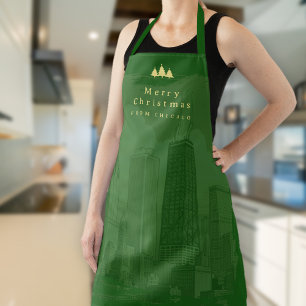 Chicago Christmas Green Gold All-Over Print Apron