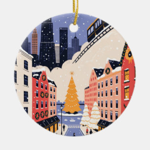 Chicago Christmas Retro Travel Poster Ceramic Tree Decoration