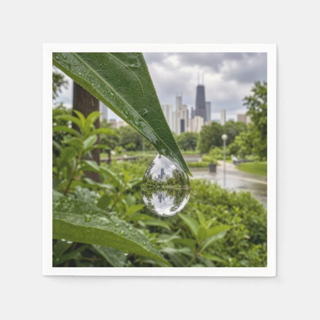 Chicago City Reflected in a Raindrop Napkin (Front)