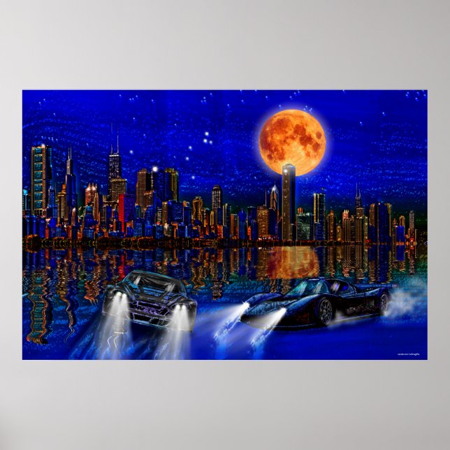Chicago City Skyline and Street-Racing Cars Poster (Front)