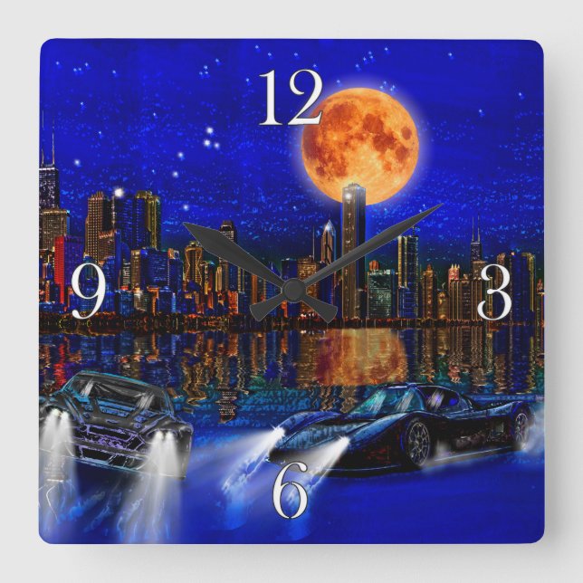 Chicago City Skyline and Street-Racing Cars Square Wall Clock (Front)