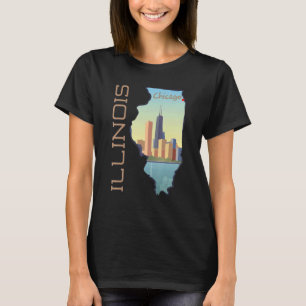 Chicago City Skyline In Illinois State Map T-Shirt