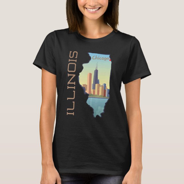 Chicago City Skyline In Illinois State Map T-Shirt (Front)