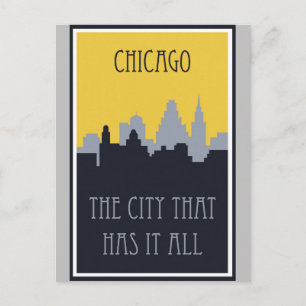 Chicago City Skyline Vintage Travel Poster Postcard