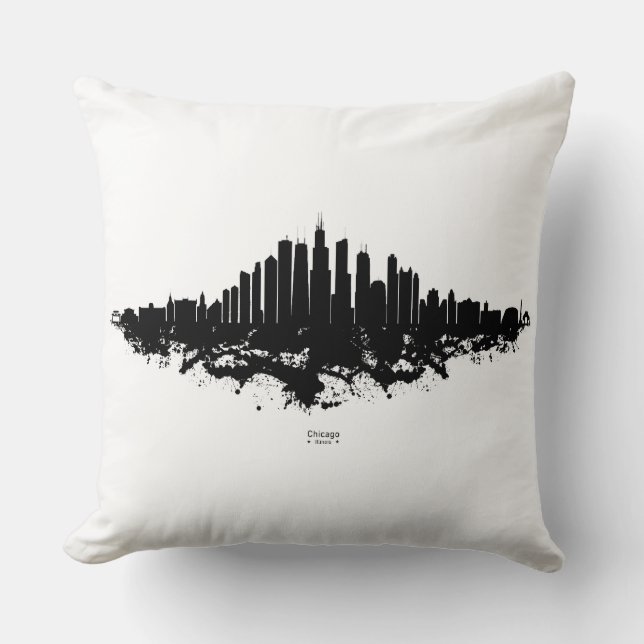 Chicago City Skyline Watercolor Black and White Cushion (Front)