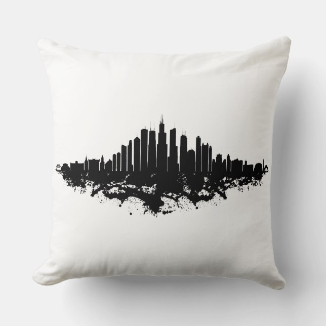 Chicago City Skyline Watercolor Black and White Cushion (Front)