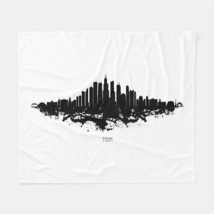 Chicago City Skyline Watercolor Black and White Fleece Blanket