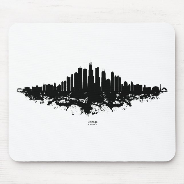 Chicago City Skyline Watercolor Black and White Mouse Mat (Front)