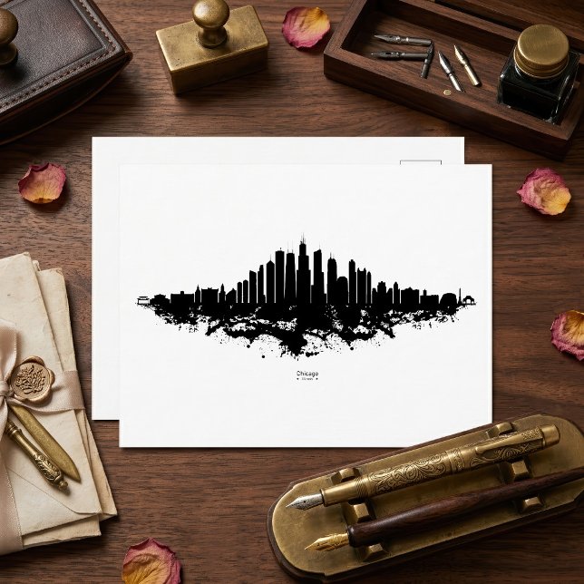Chicago City Skyline Watercolor Black and White Postcard (Chicago Skyline Black White Watercolor City Art. Postcard)