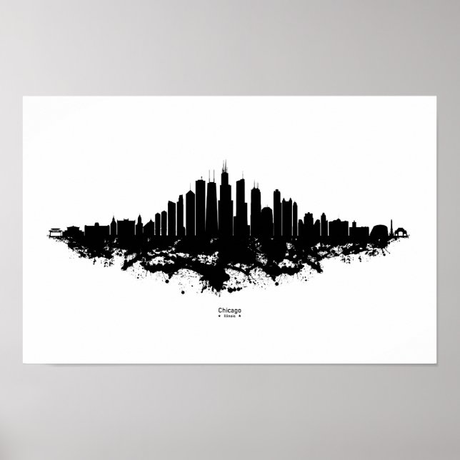 Chicago City Skyline Watercolor Black and White Poster (Front)