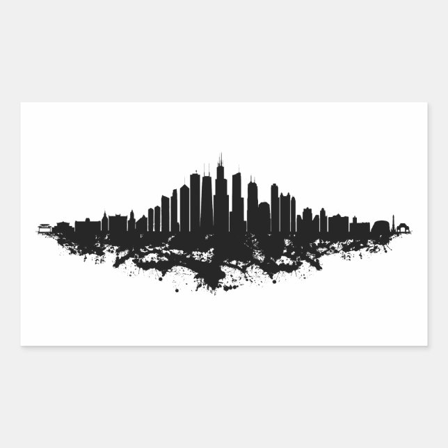 Chicago City Skyline Watercolor Black and White Rectangular Sticker (Front)
