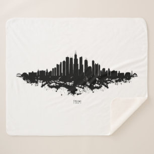 Chicago City Skyline Watercolor Black and White Sherpa Blanket