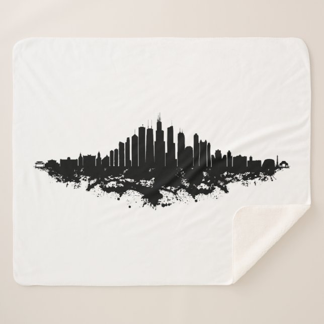 Chicago City Skyline Watercolor Black and White Sherpa Blanket (Front (Horizontal))