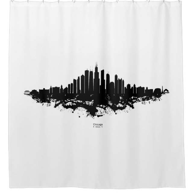 Chicago City Skyline Watercolor Black and White Shower Curtain (Front)