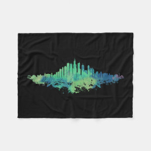 Chicago City Skyline Watercolor in blue and green Fleece Blanket
