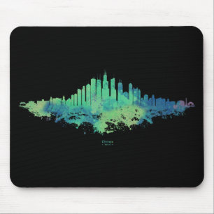 Chicago City Skyline Watercolor in blue and green Mouse Mat